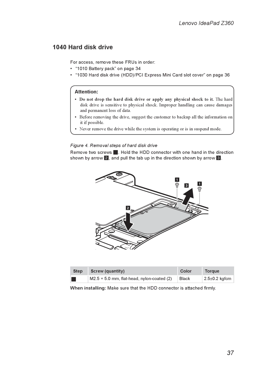 Lenovo Z360 manual Hard disk drive, Removal steps of hard disk drive 