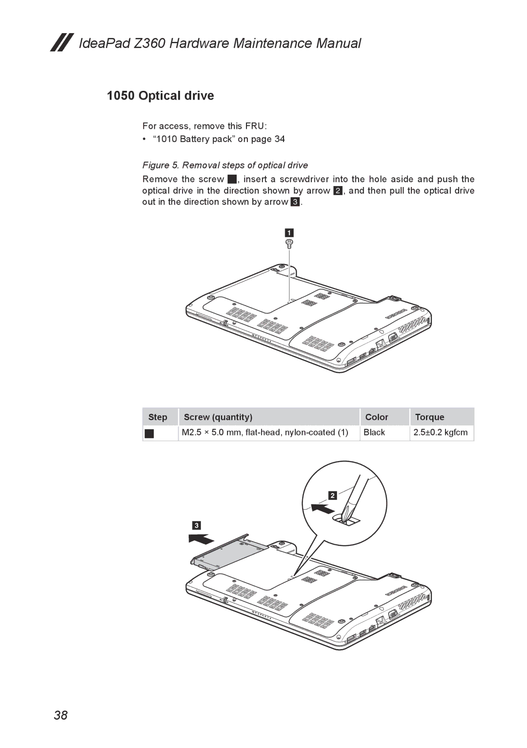 Lenovo Z360 manual Optical drive, Removal steps of optical drive 