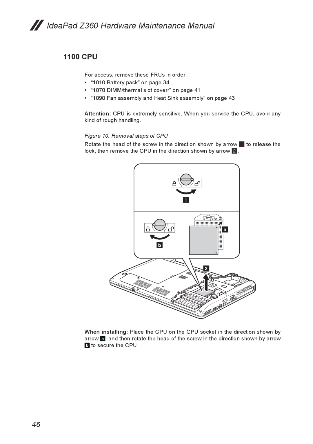 Lenovo Z360 manual 1100 CPU, Removal steps of CPU 