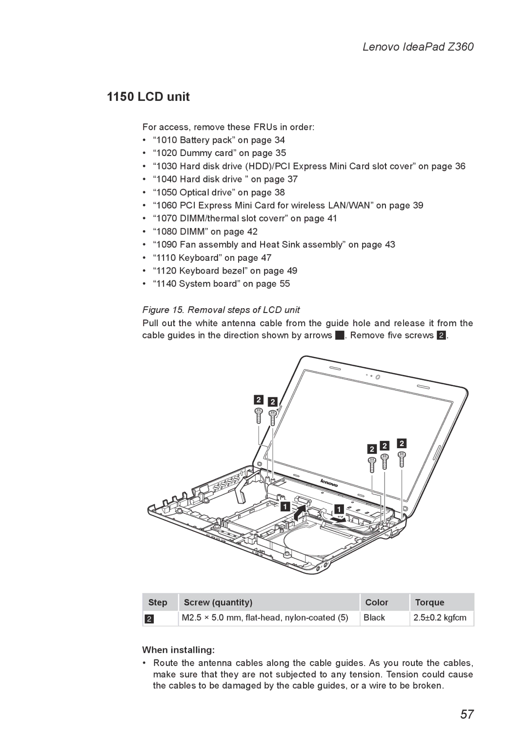 Lenovo Z360 manual Removal steps of LCD unit 