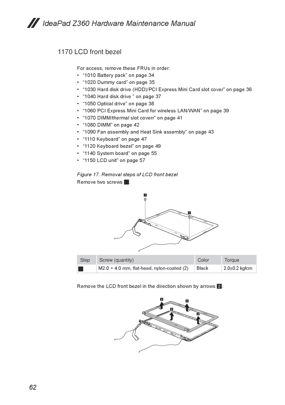 Lenovo Z360 manual Removal steps of LCD front bezel 