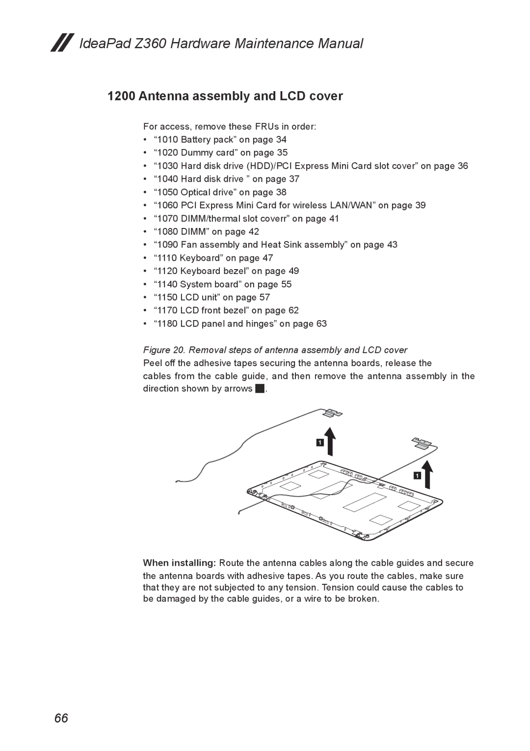 Lenovo Z360 manual Antenna assembly and LCD cover, Removal steps of antenna assembly and LCD cover 