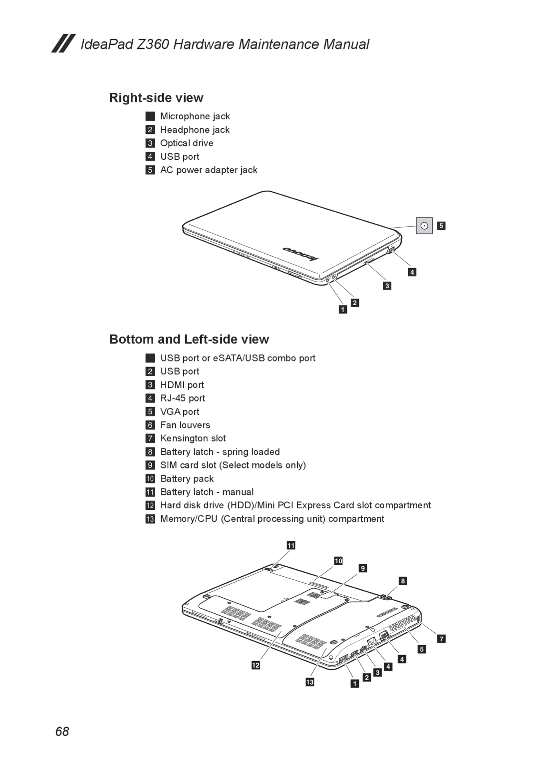 Lenovo Z360 manual Right-side view, Bottom and Left-side view 