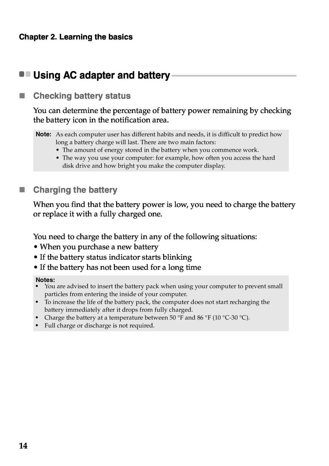 Lenovo Z370, Z470 Using AC adapter and battery, „ Checking battery status, „ Charging the battery, Learning the basics 