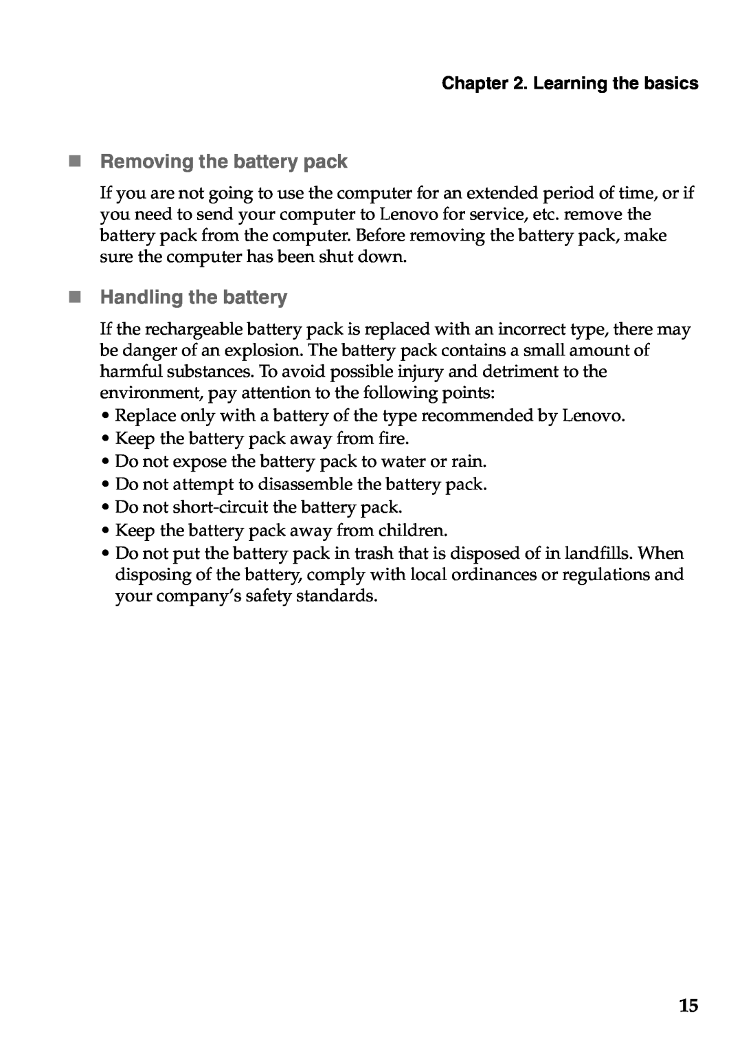 Lenovo Z470, Z370, Z570 manual „ Removing the battery pack, „ Handling the battery, Learning the basics 