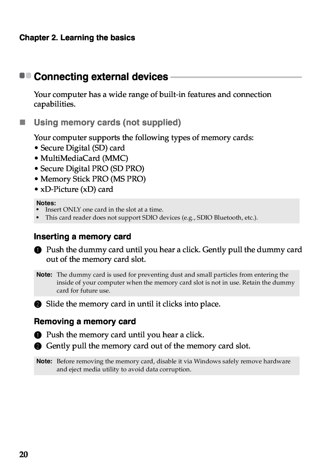 Lenovo Z370 Connecting external devices, „ Using memory cards not supplied, Inserting a memory card, Learning the basics 
