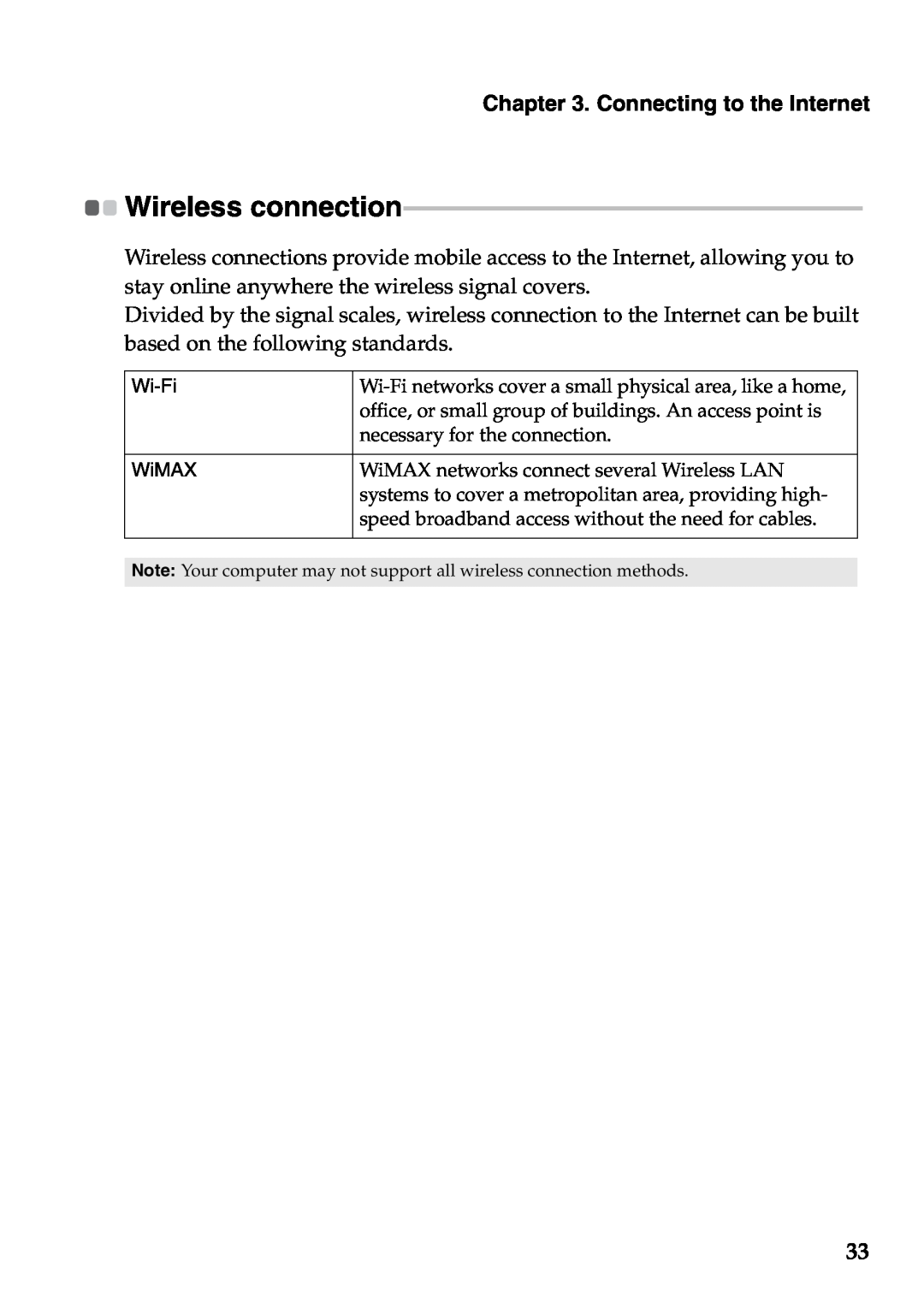 Lenovo Z470, Z370, Z570 manual Wireless connection, Connecting to the Internet, Wi-Fi WiMAX 