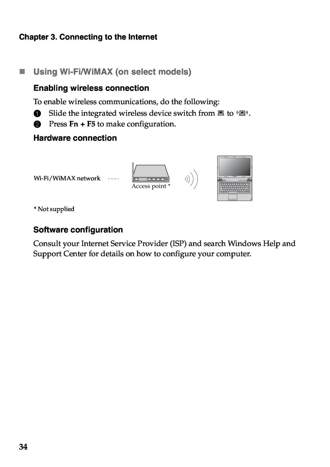 Lenovo Z570 „ Using Wi-Fi/WiMAX on select models Enabling wireless connection, Hardware connection, Software configuration 