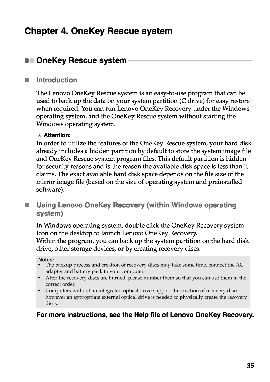 Lenovo Z370, Z470 OneKey Rescue system, „ Introduction, „ Using Lenovo OneKey Recovery within Windows operating system 