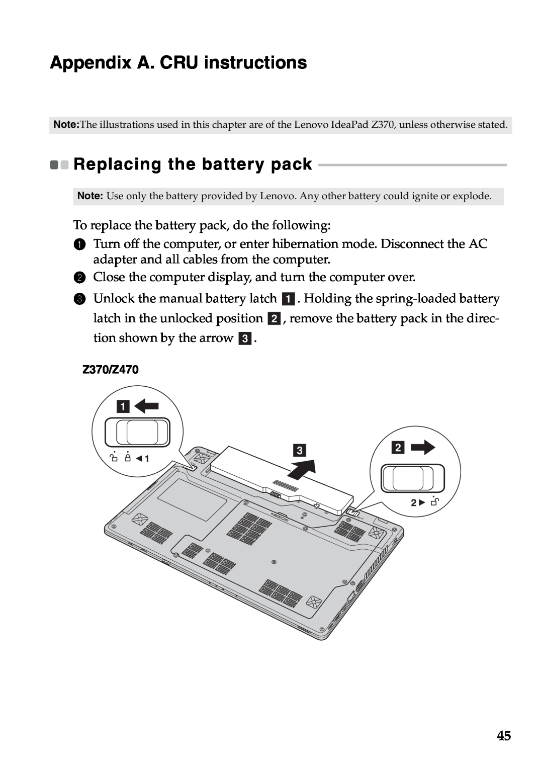 Lenovo Z470, Z370, Z570 manual Appendix A. CRU instructions, Replacing the battery pack 