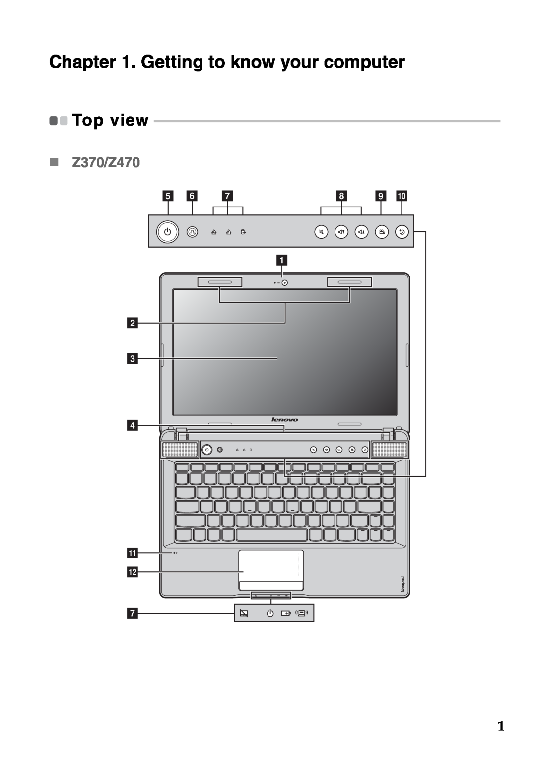 Lenovo Z570 manual Getting to know your computer, Z370/Z470, Top view 