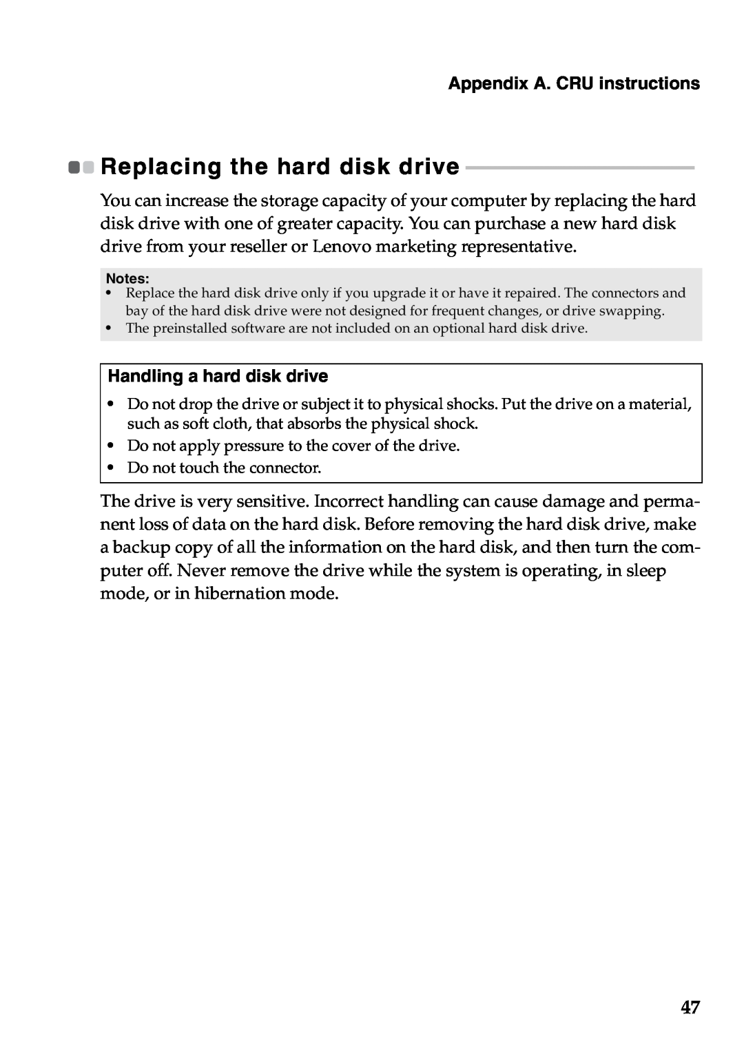 Lenovo Z370, Z470, Z570 manual Replacing the hard disk drive, Handling a hard disk drive, Appendix A. CRU instructions 