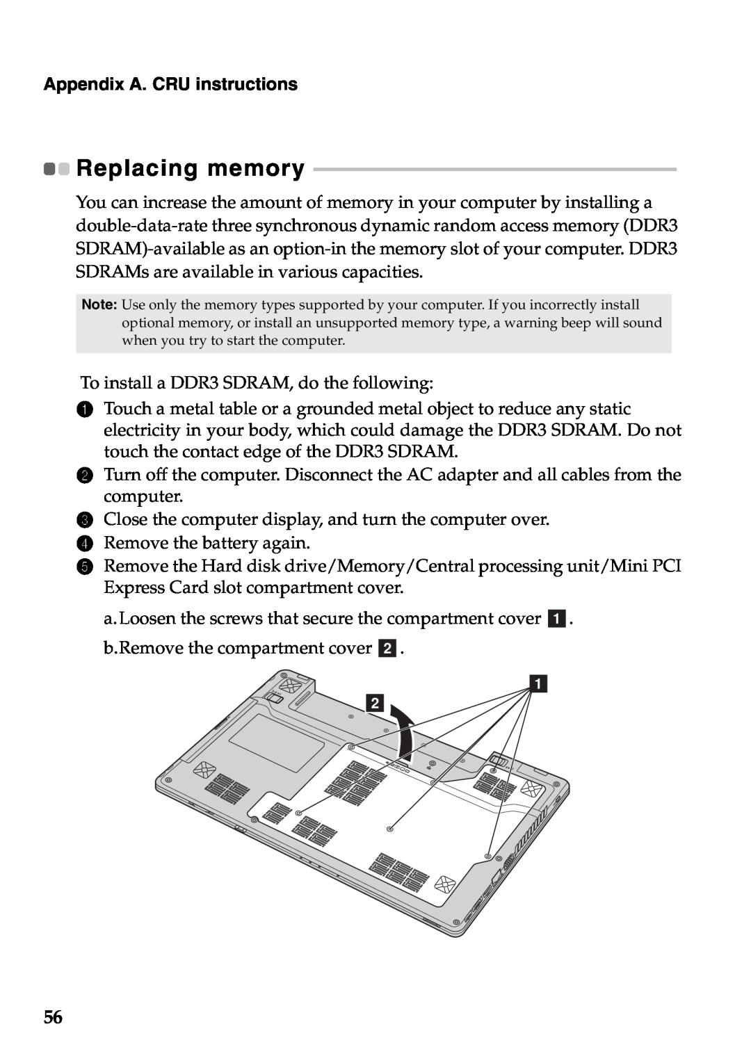 Lenovo Z370, Z470, Z570 manual Replacing memory, Appendix A. CRU instructions 