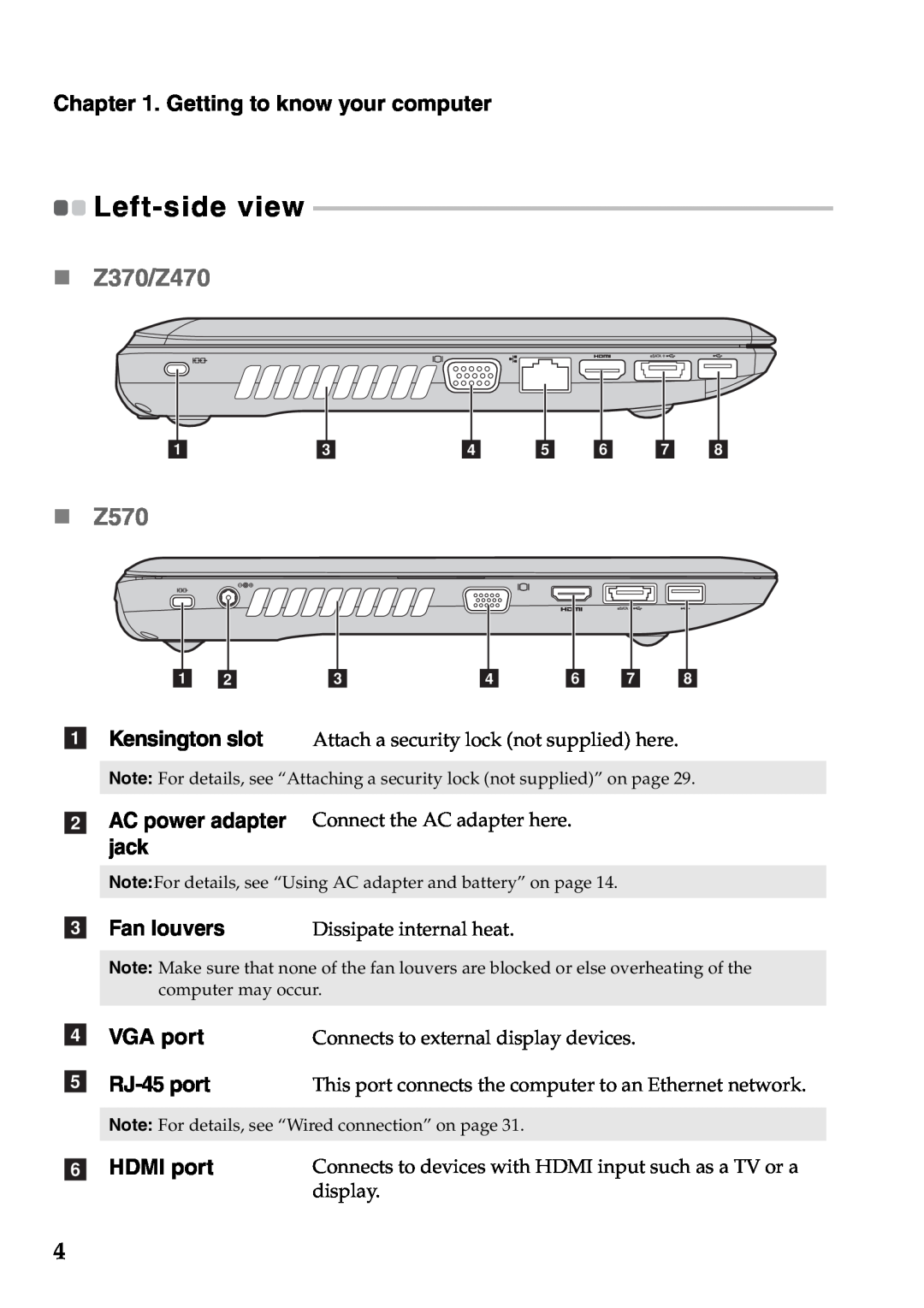 Lenovo manual „ Z370/Z470, Left-side view, c Fan louvers, d VGA port, e RJ-45 port, f HDMI port, „ Z570 