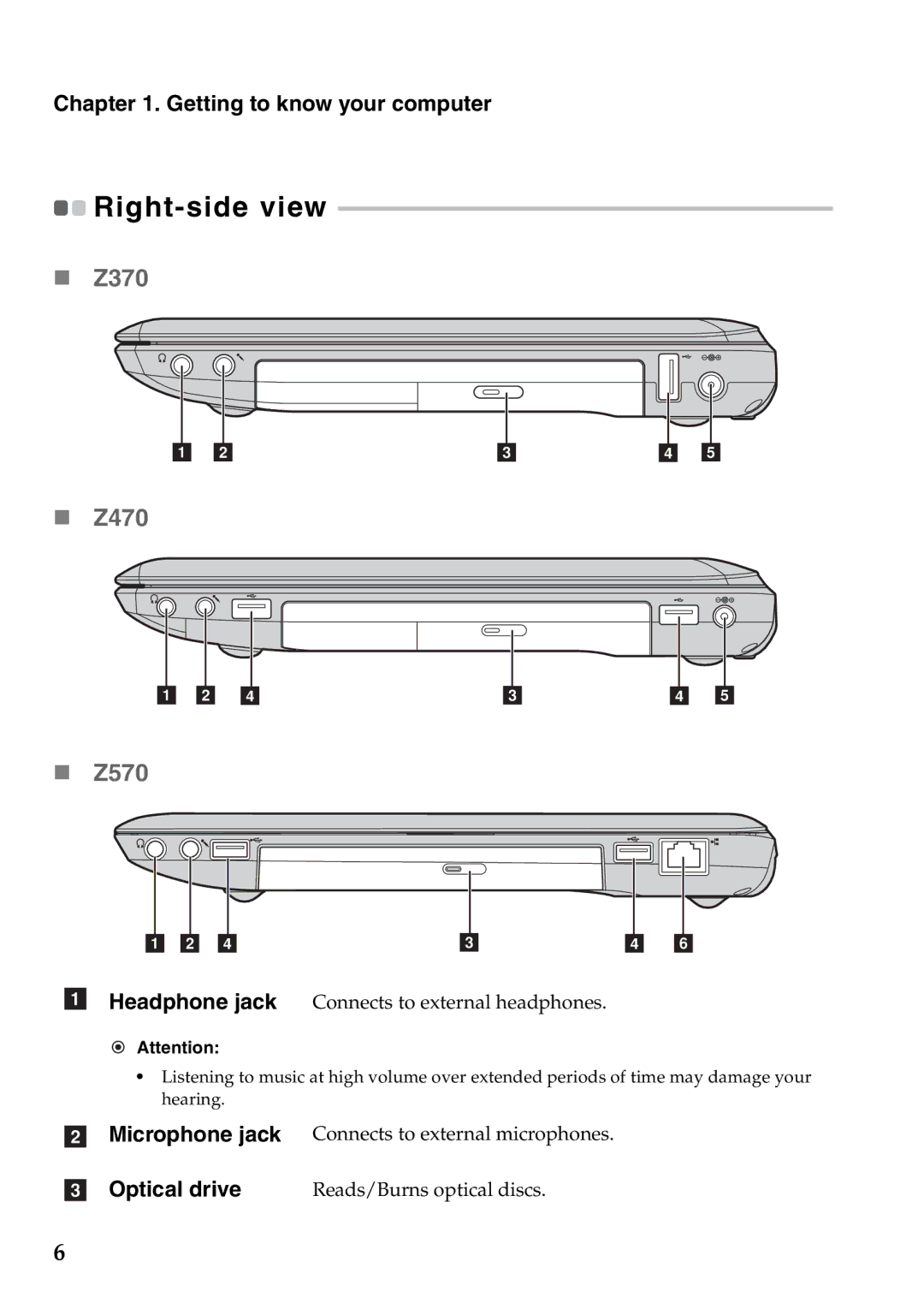 Lenovo manual „ Z370 „ Z470 „ Z570, Right-side view, Optical drive 