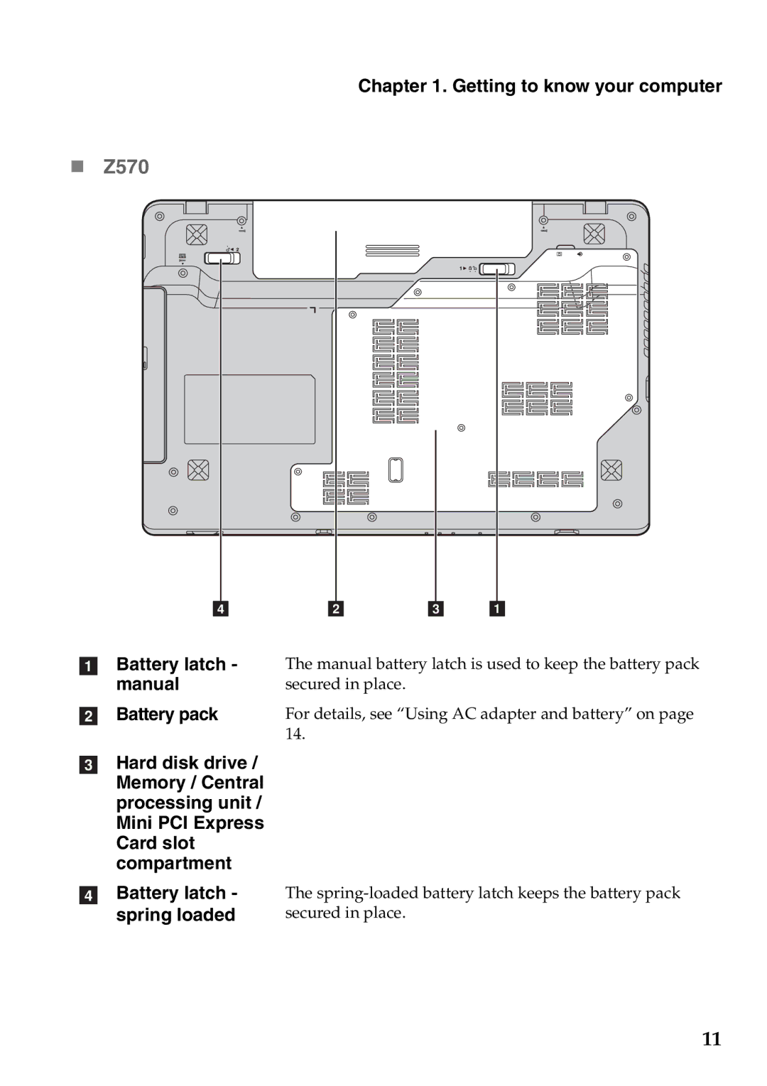 Lenovo Z370, Z470 manual „ Z570, Battery pack 