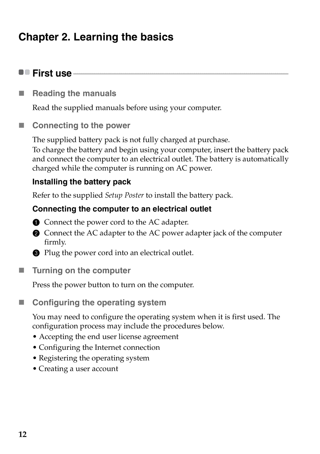 Lenovo Z470, Z370, Z570 Learning the basics, „ Reading the manuals, „ Connecting to the power, „ Turning on the computer 