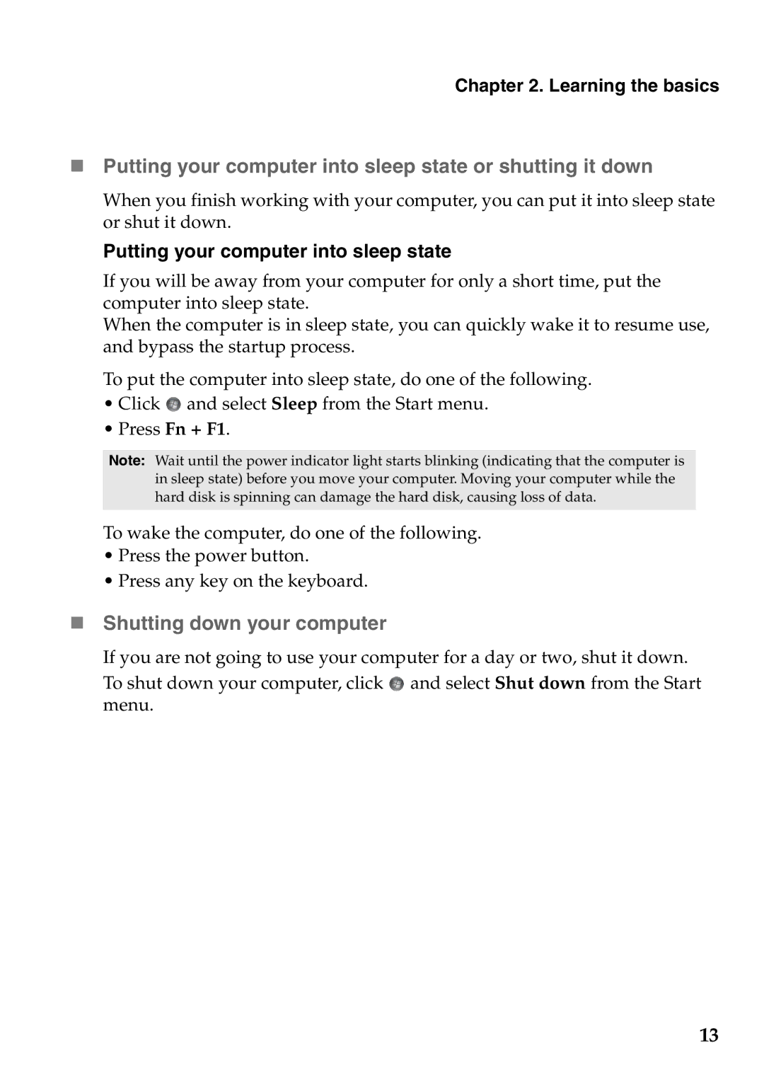 Lenovo Z570, Z370, Z470 manual „ Shutting down your computer, Putting your computer into sleep state, Learning the basics 