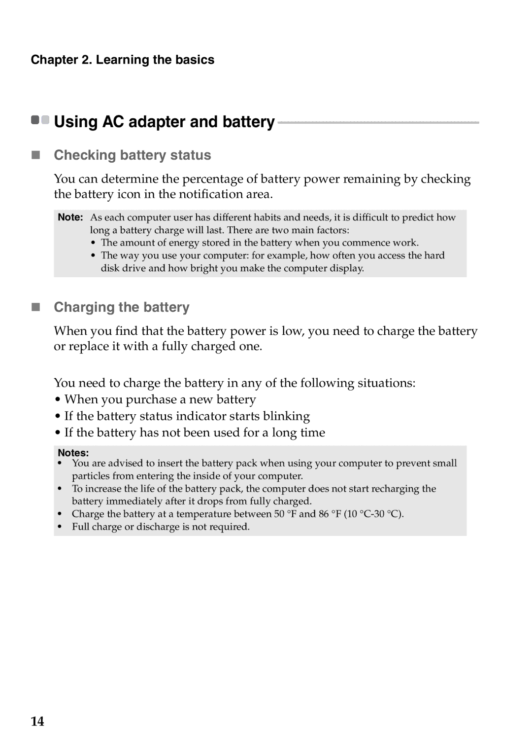 Lenovo Z370, Z470, Z570 manual „ Checking battery status, „ Charging the battery 