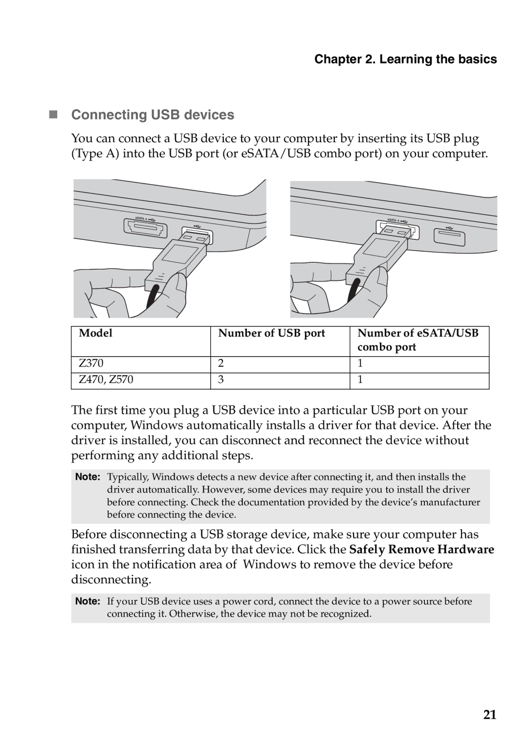 Lenovo Z470, Z370, Z570 manual „ Connecting USB devices 