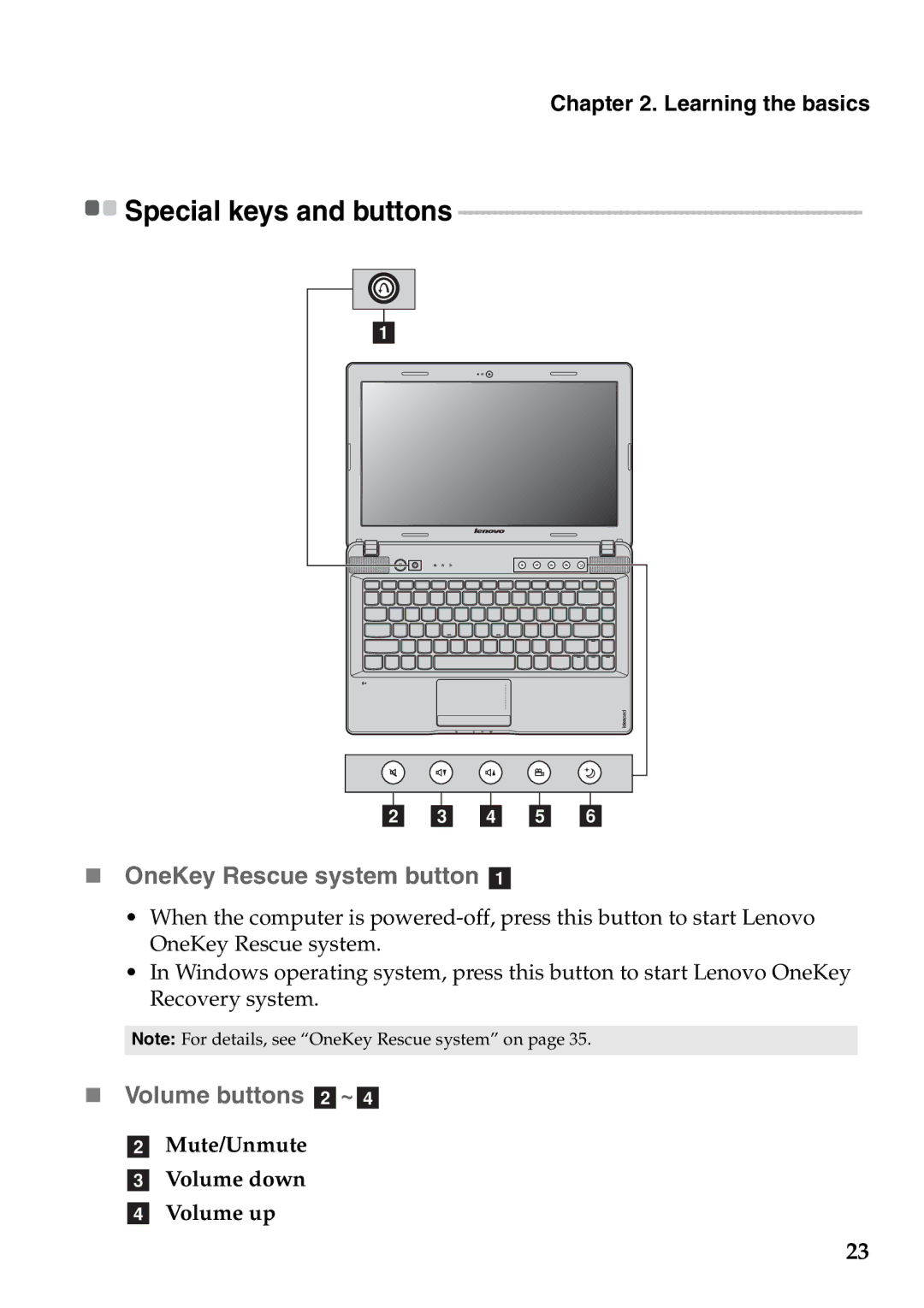 Lenovo Z370, Z470, Z570 manual „ OneKey Rescue system button a, „ Volume buttons b~d, Special keys and buttons 