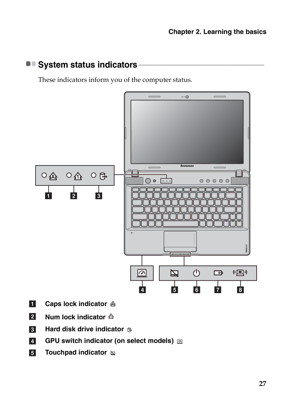 Lenovo Z470, Z370, Z570 manual System status indicators 