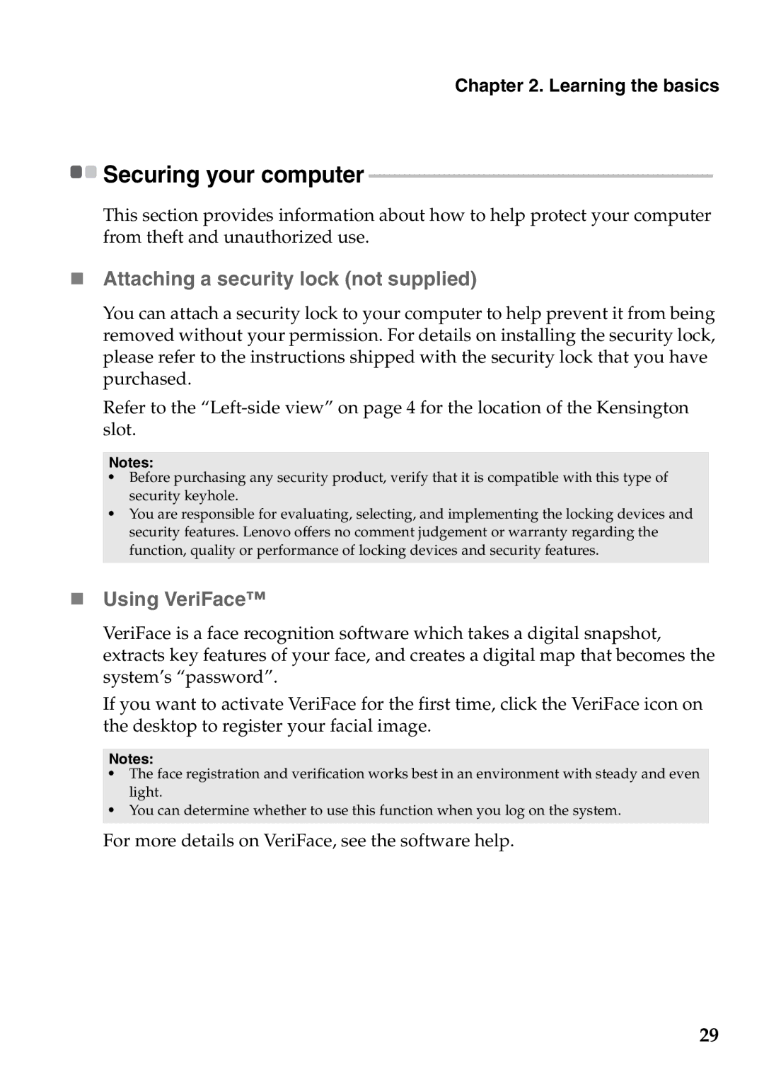 Lenovo Z370, Z470, Z570 manual „ Attaching a security lock not supplied, „ Using VeriFace, Securing your computer 