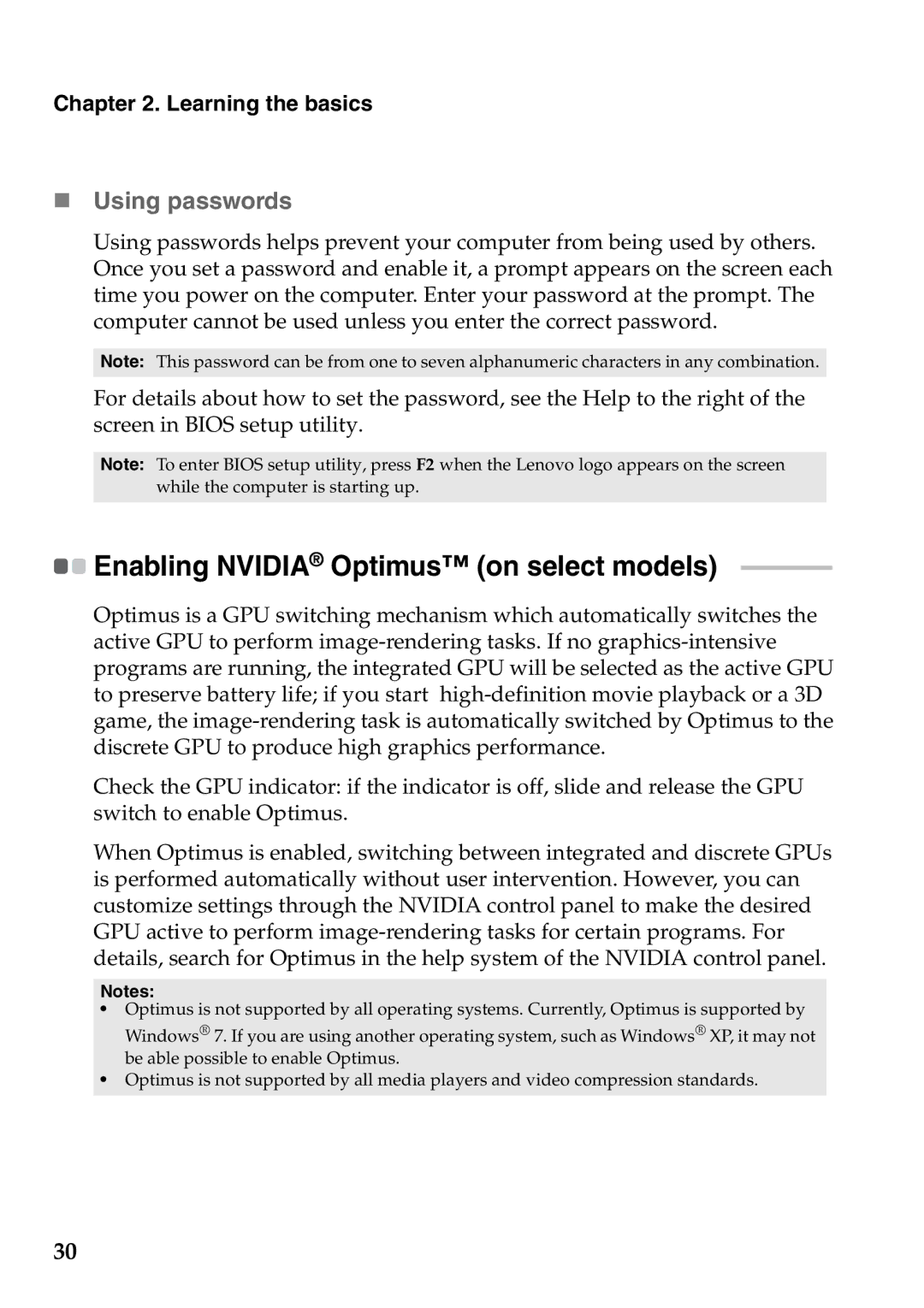 Lenovo Z470, Z370, Z570 manual Enabling Nvidia Optimus on select models, „ Using passwords 