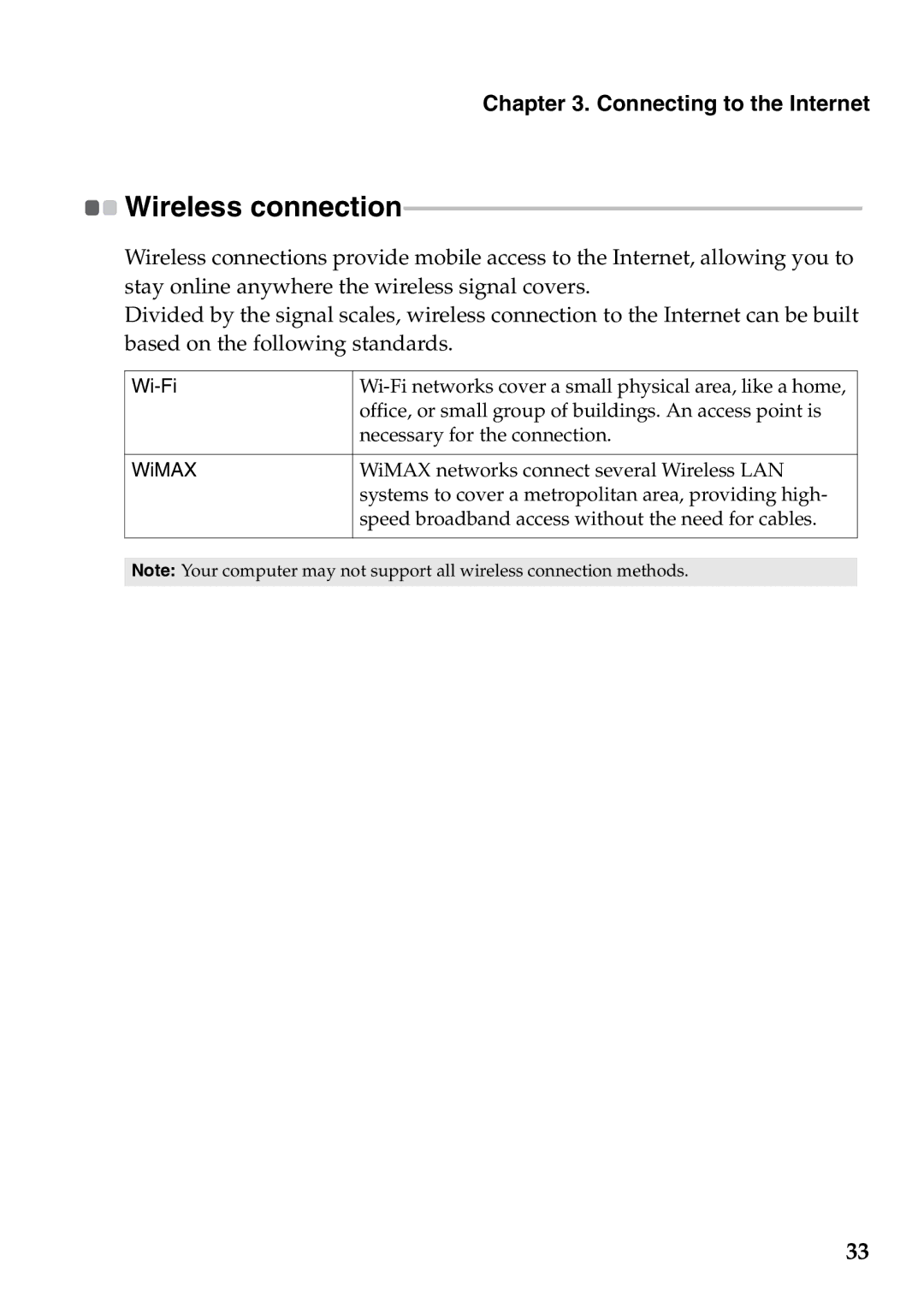 Lenovo Z470, Z370, Z570 manual Wireless connection, Wi-Fi WiMAX 