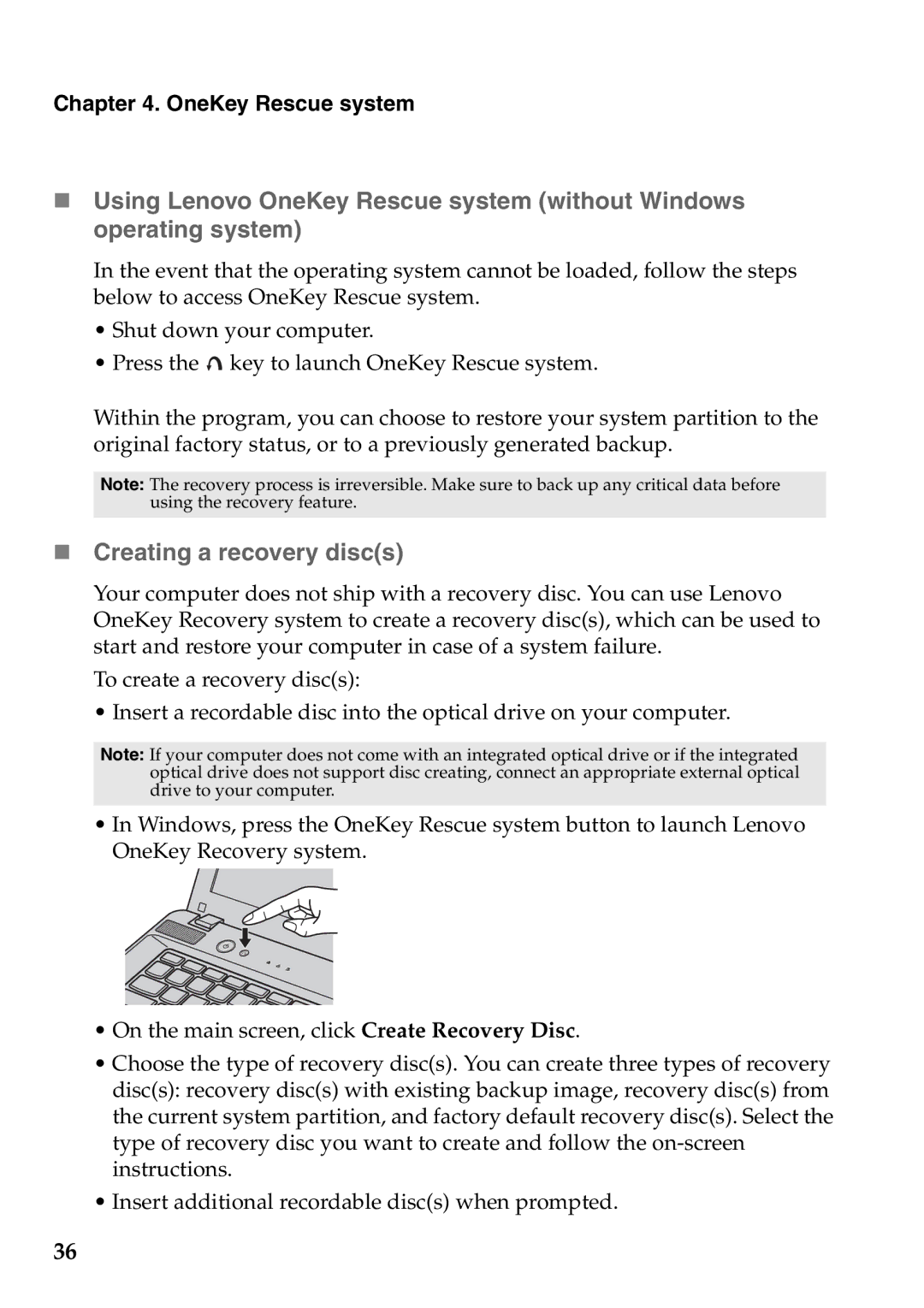 Lenovo Z470, Z370, Z570 manual „ Creating a recovery discs, OneKey Rescue system 