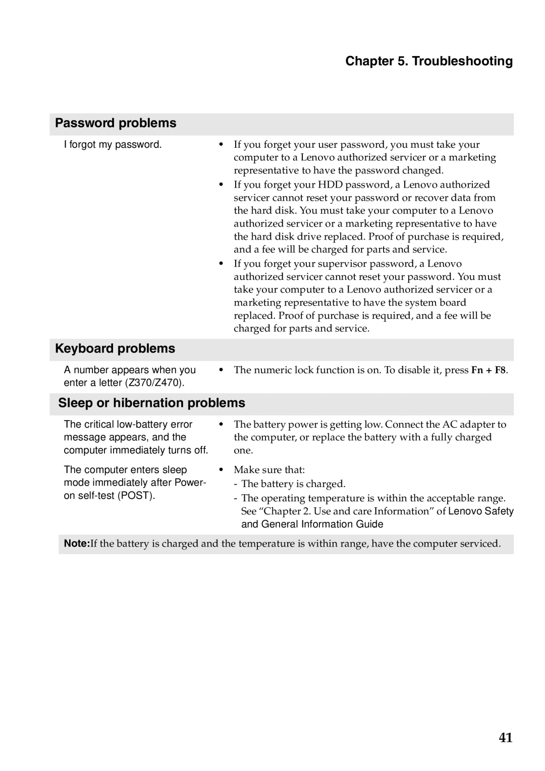 Lenovo Z370, Z470, Z570 manual Troubleshooting Password problems, Keyboard problems, Sleep or hibernation problems 