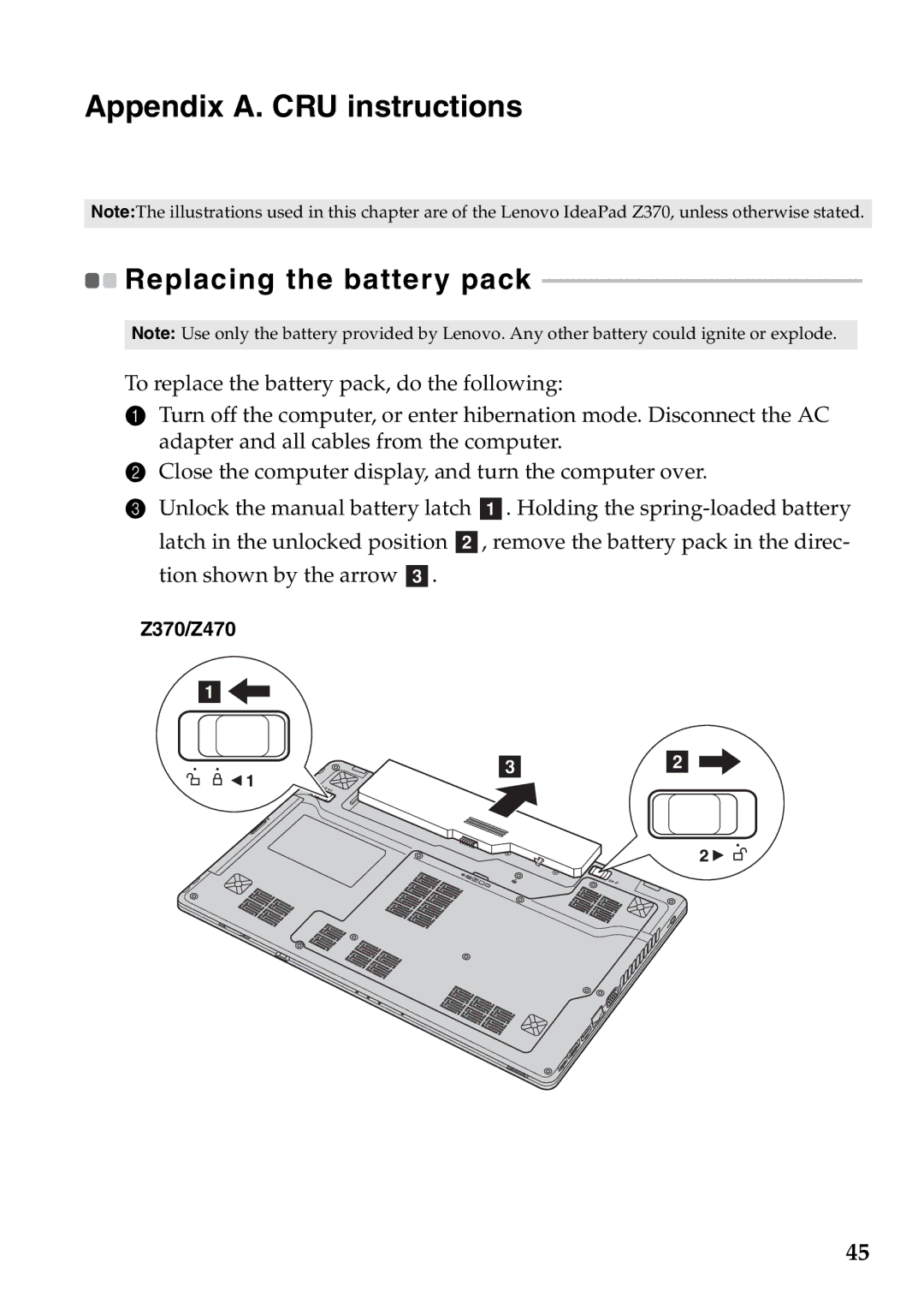 Lenovo Z470, Z370, Z570 manual Appendix A. CRU instructions, Replacing the battery pack 