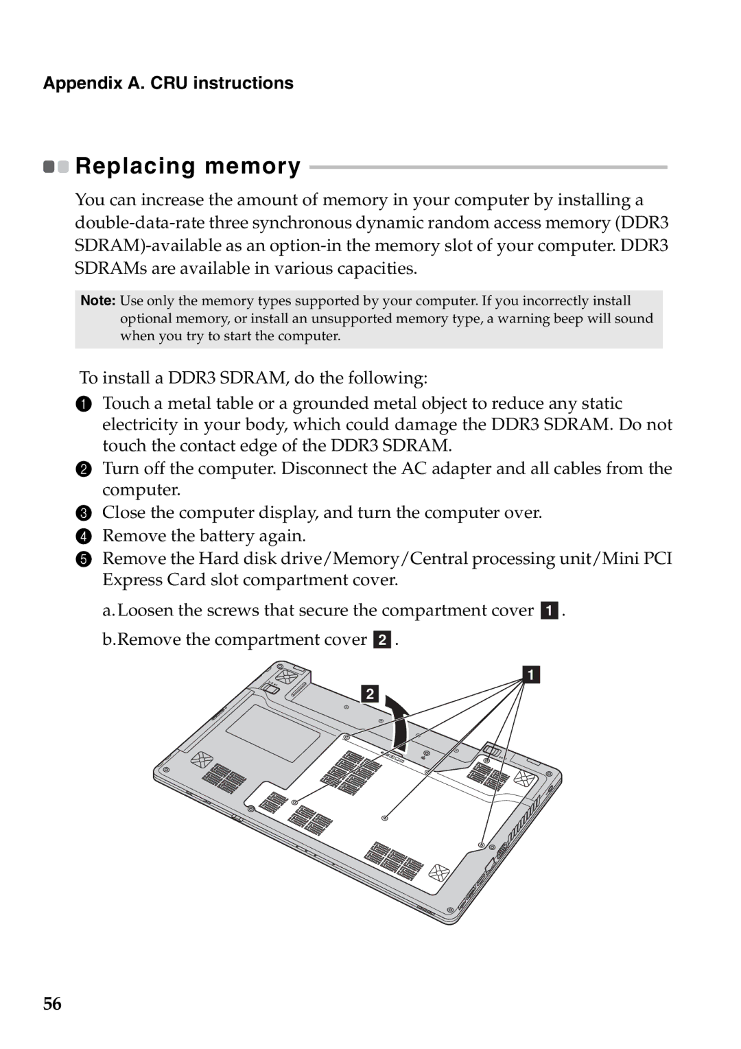 Lenovo Z370, Z470, Z570 manual Replacing memory 