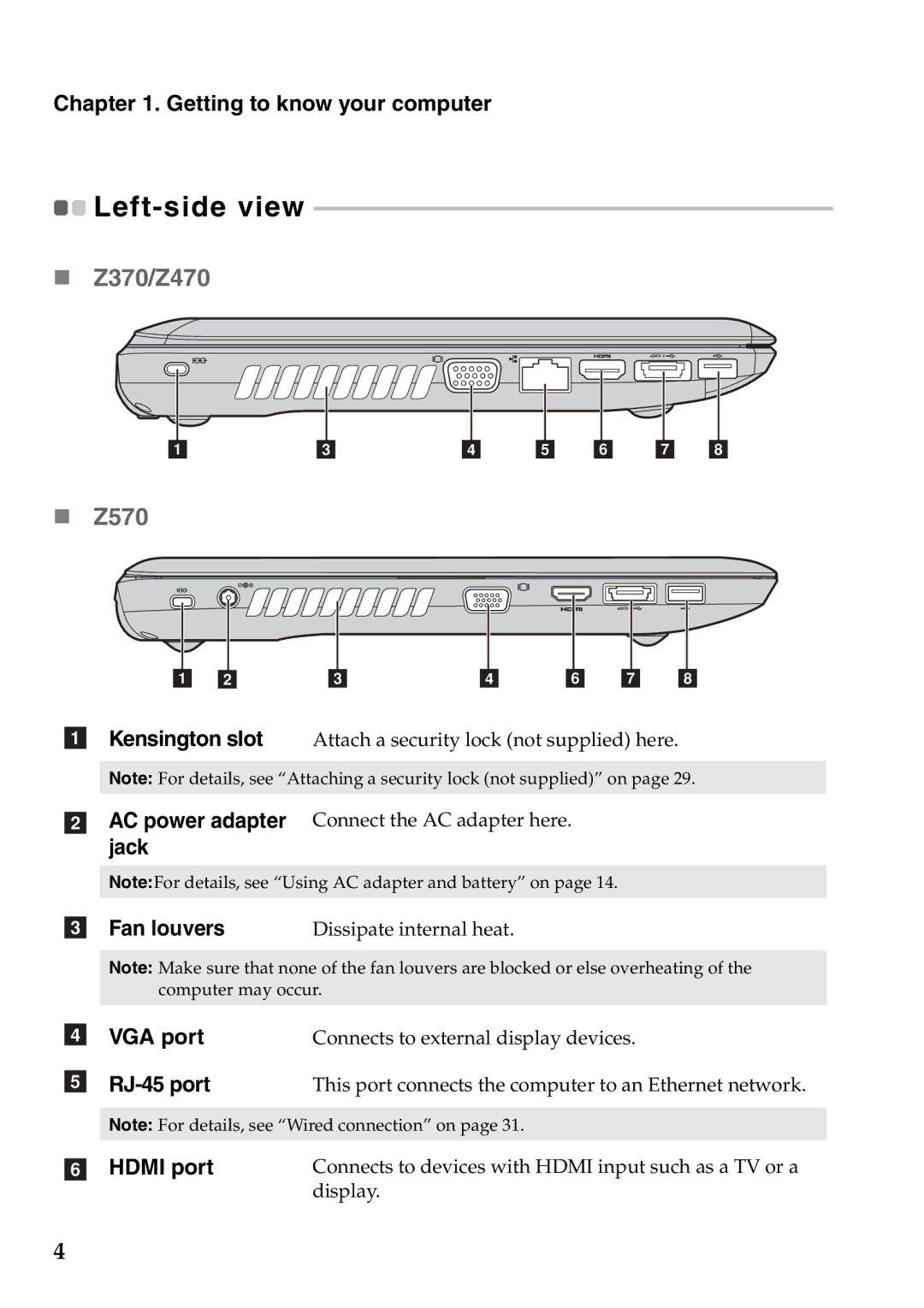 Lenovo Z570 manual „ Z370/Z470, Left-side view 