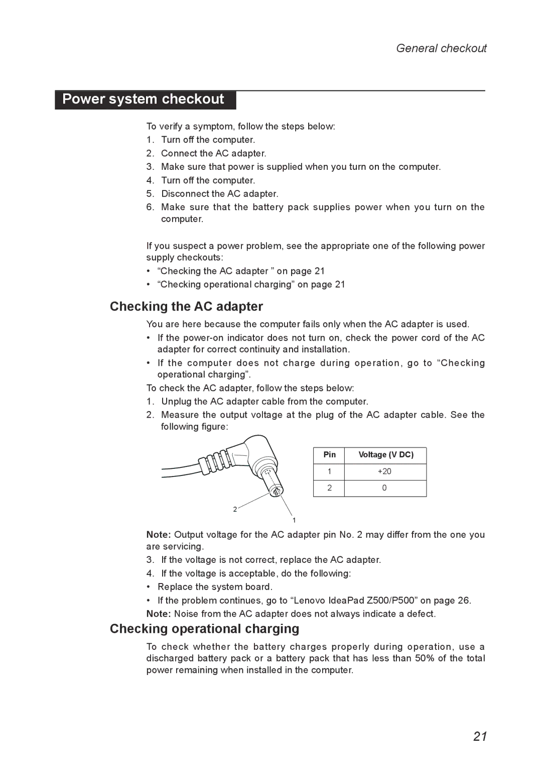 Lenovo P500, Z500 manual Power system checkout, Checking the AC adapter, Checking operational charging 