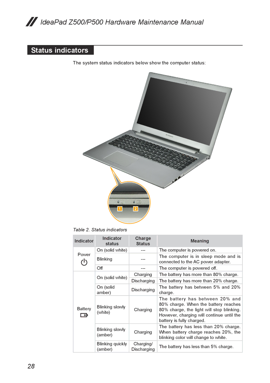 Lenovo Z500, P500 manual Status indicators 