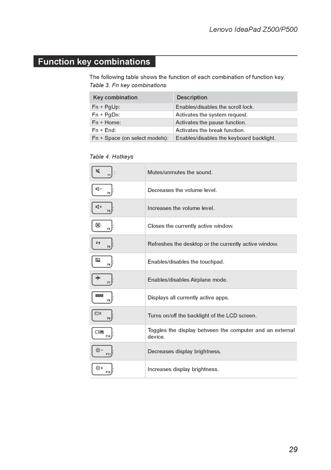 Lenovo P500, Z500 manual Function key combinations, Hotkeys 