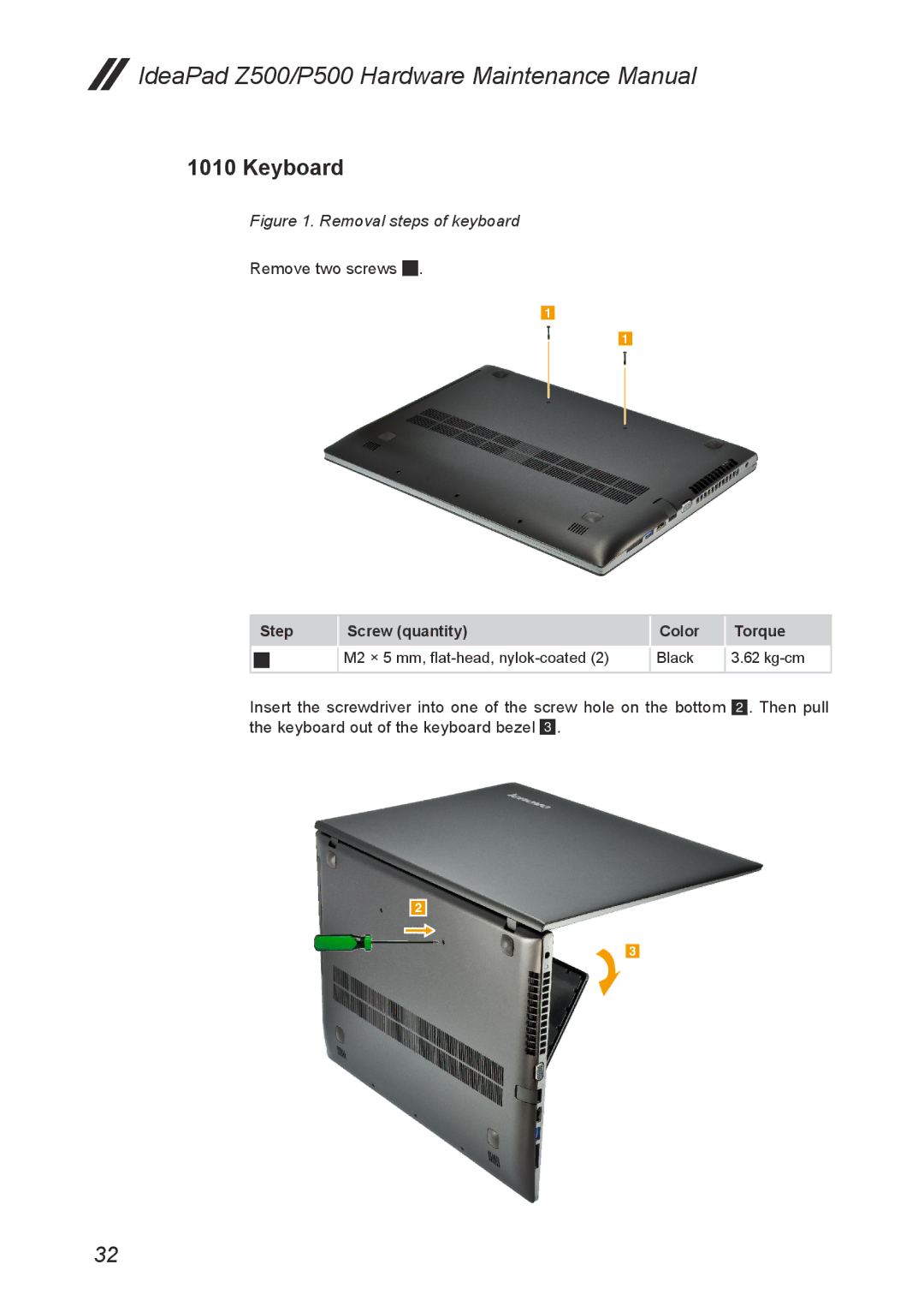 Lenovo Z500, P500 manual Keyboard, Removal steps of keyboard 