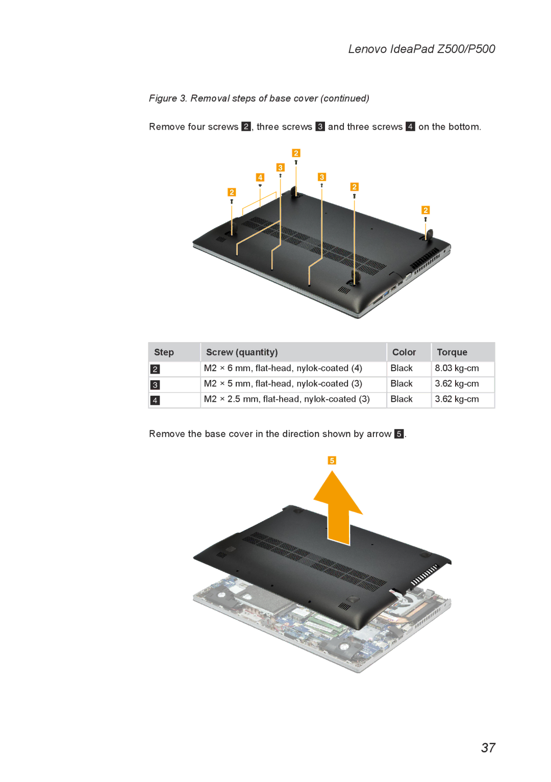 Lenovo P500, Z500 manual Remove the base cover in the direction shown by arrow 