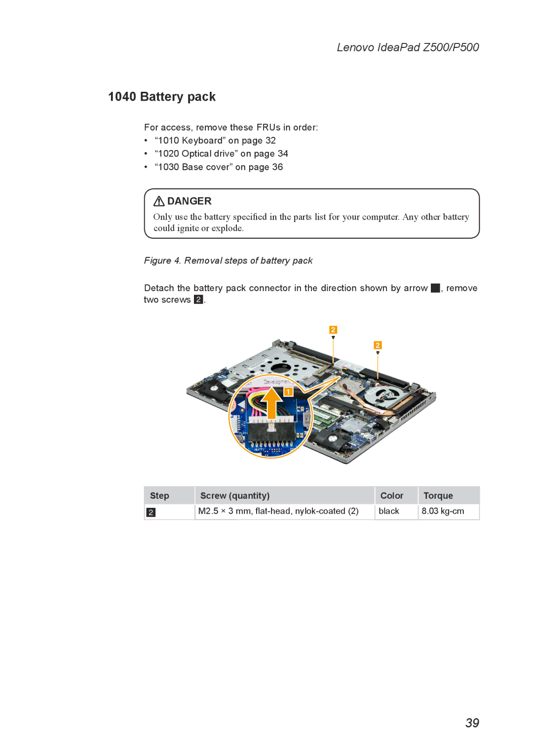 Lenovo P500, Z500 manual Battery pack, Removal steps of battery pack 