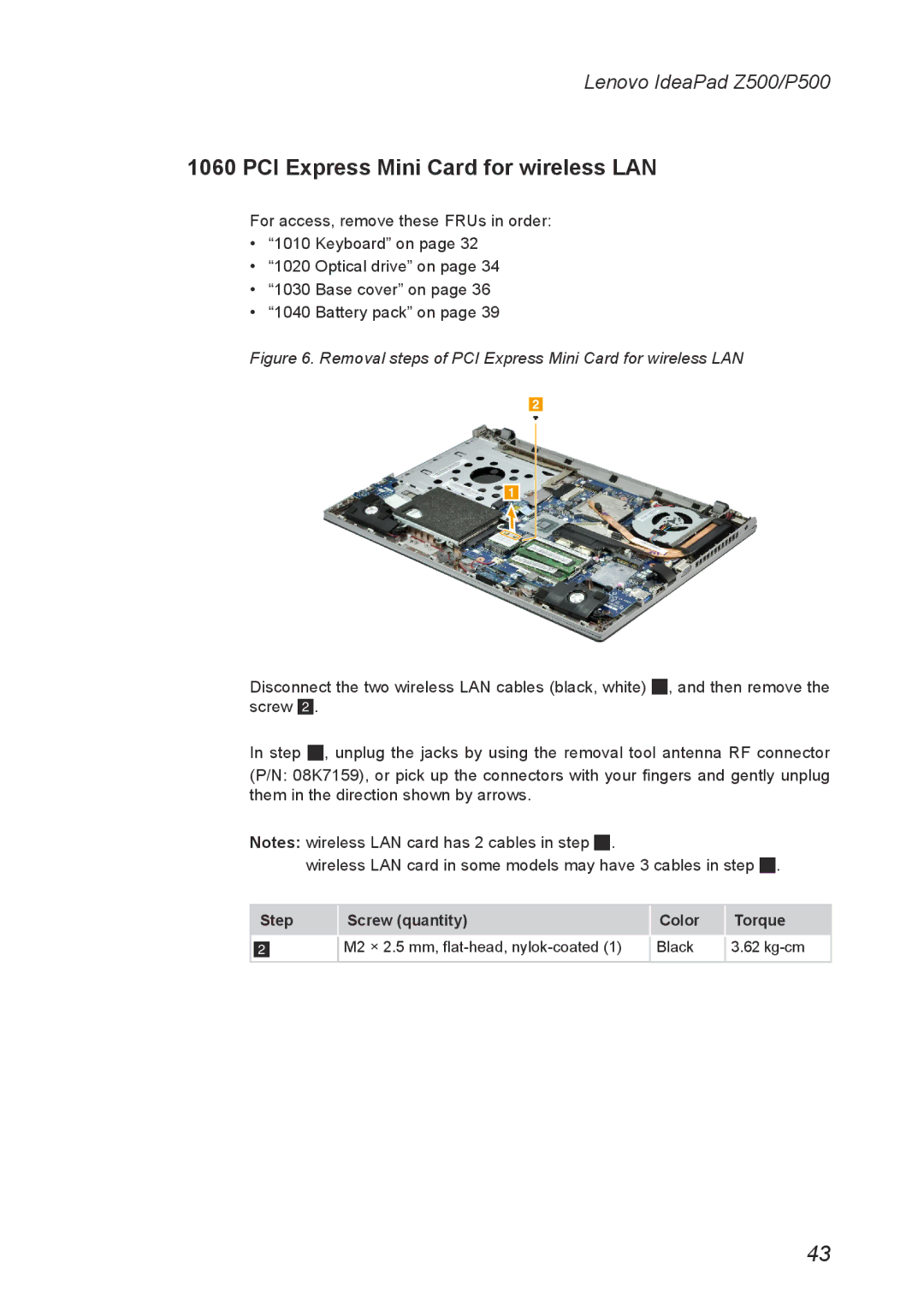 Lenovo P500, Z500 manual Removal steps of PCI Express Mini Card for wireless LAN 