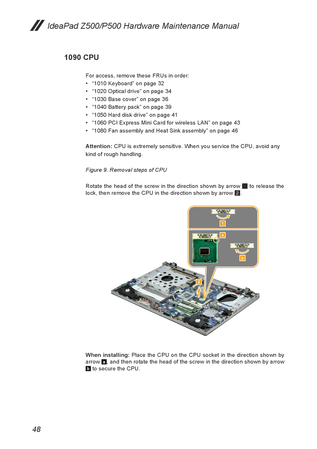 Lenovo Z500, P500 manual 1090 CPU, Removal steps of CPU 