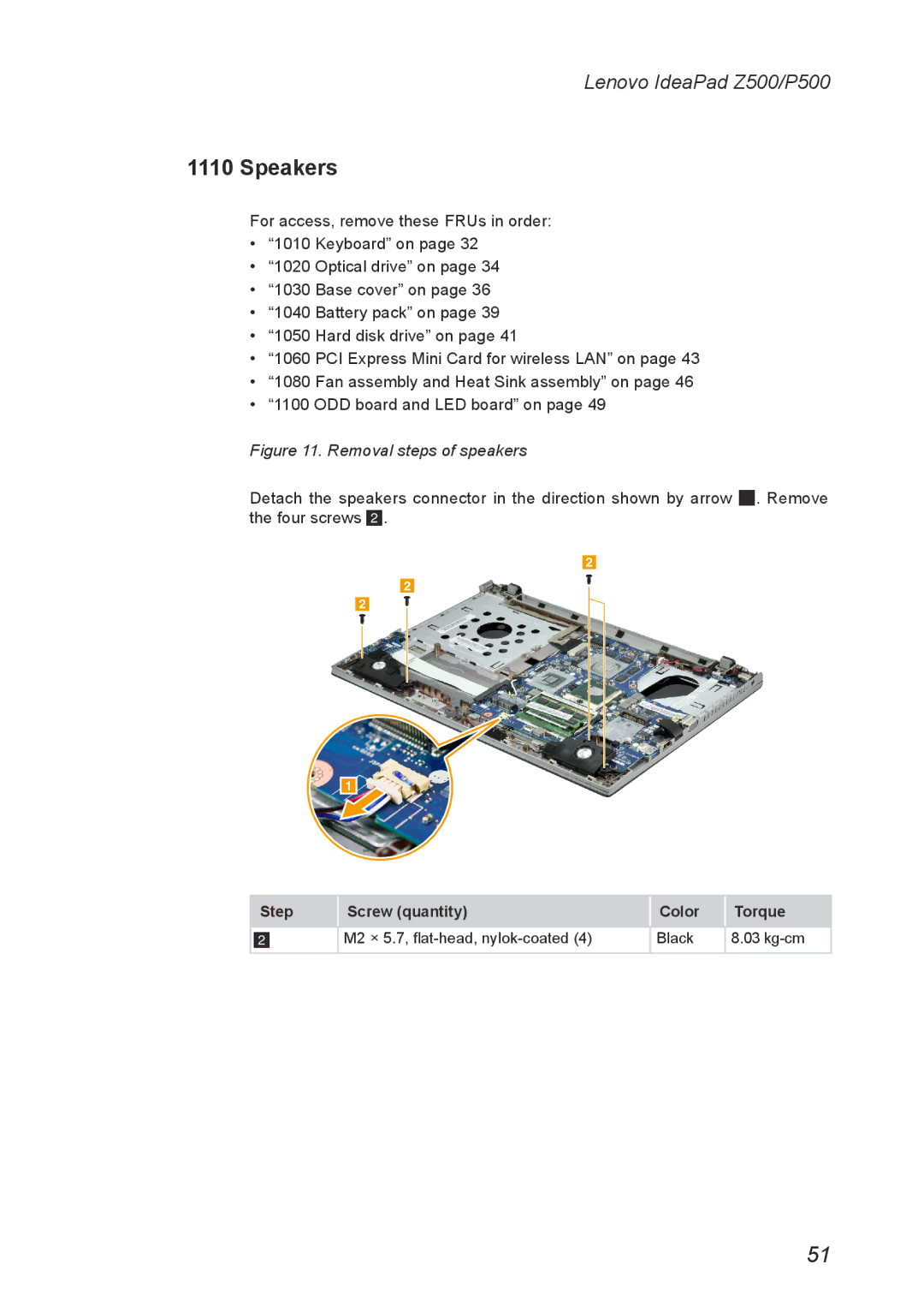 Lenovo P500, Z500 manual Speakers, Removal steps of speakers 