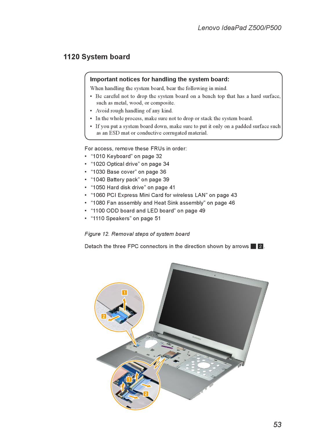 Lenovo P500, Z500 manual System board, Removal steps of system board 