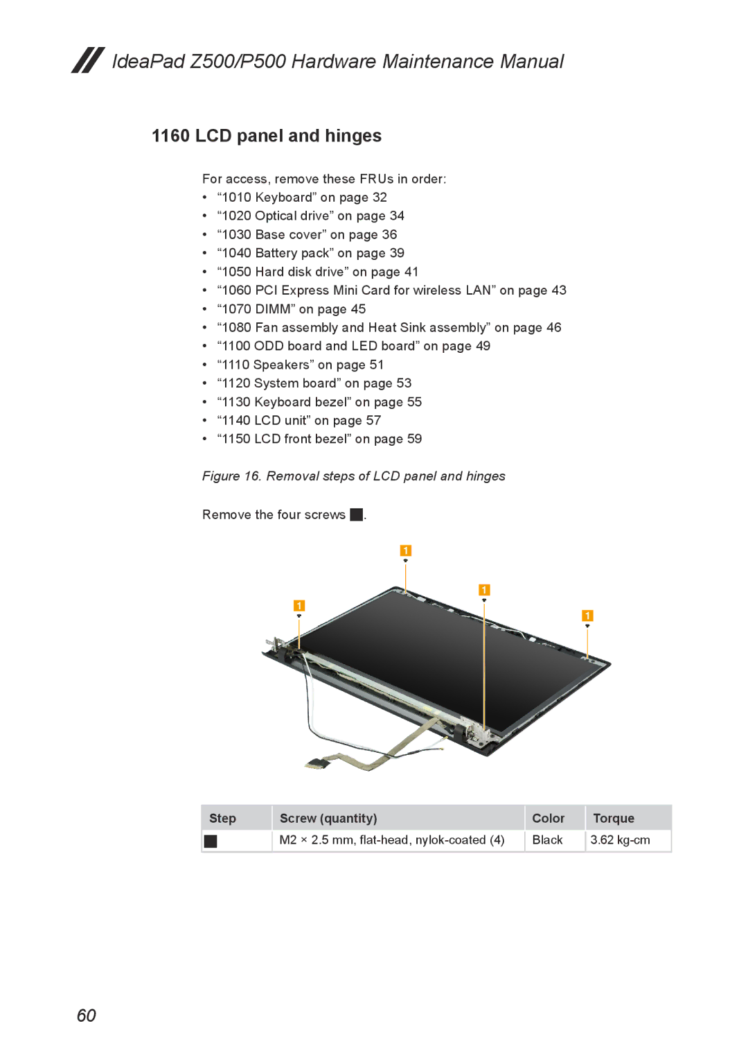 Lenovo Z500, P500 manual Removal steps of LCD panel and hinges 