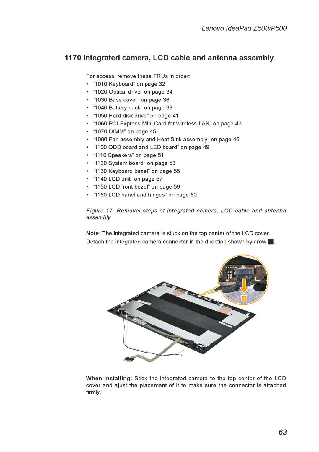 Lenovo P500, Z500 manual Integrated camera, LCD cable and antenna assembly 