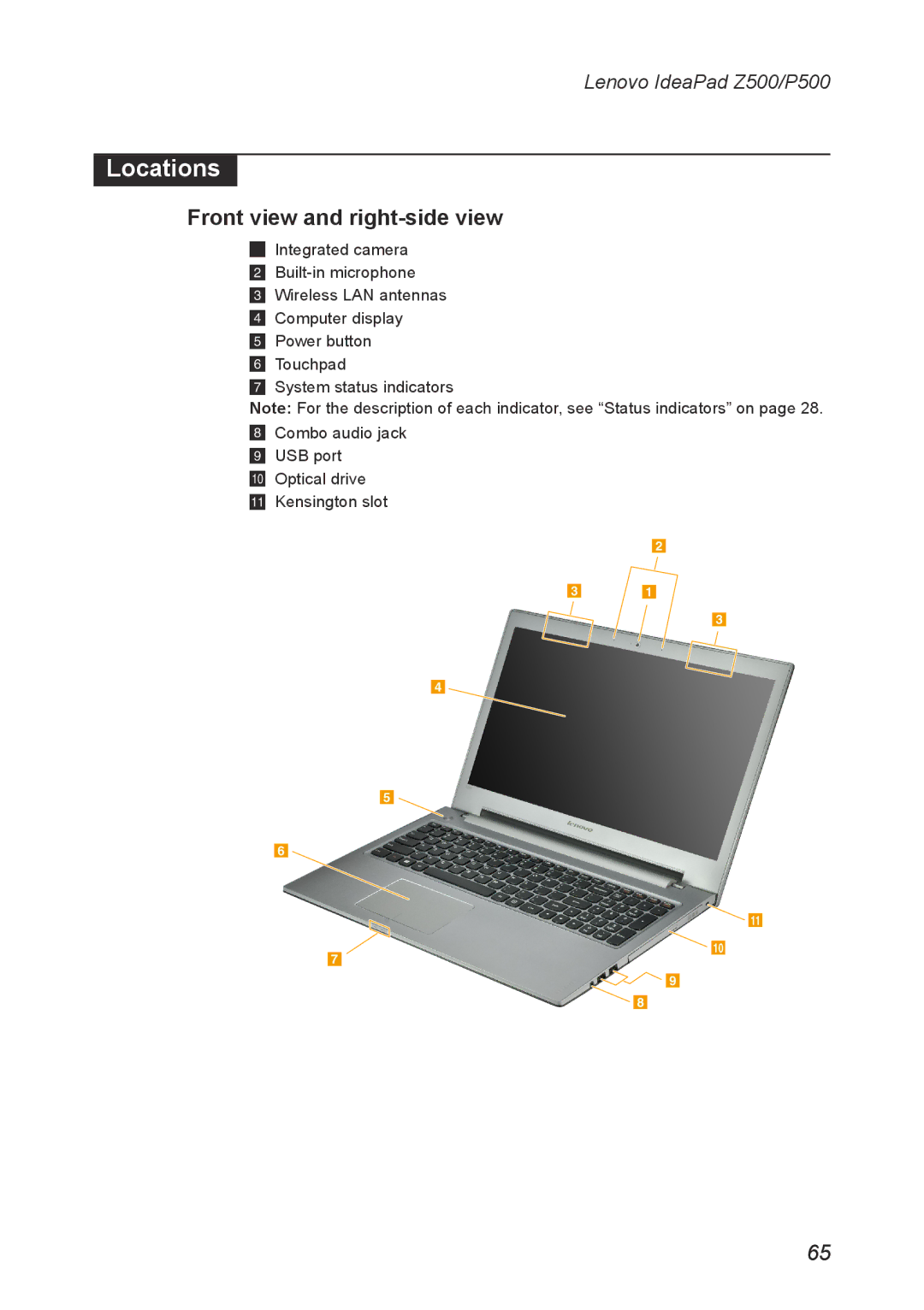 Lenovo P500, Z500 manual Locations, Front view and right-side view 