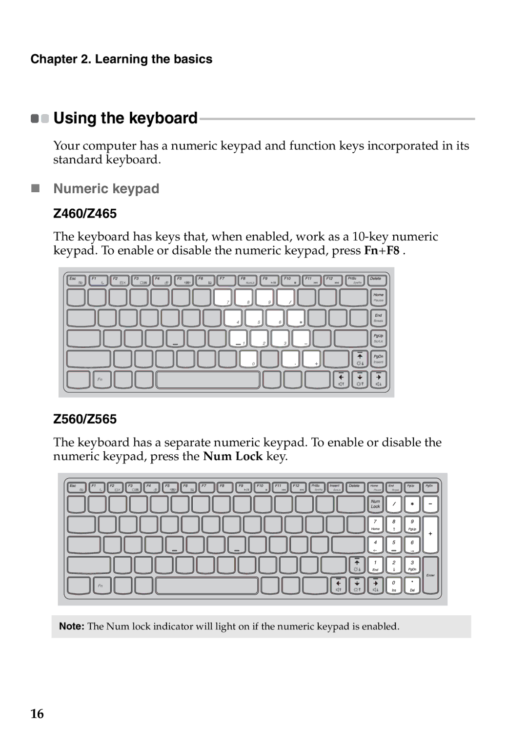 Lenovo manual „ Numeric keypad Z460/Z465, Z560/Z565, Using the keyboard 