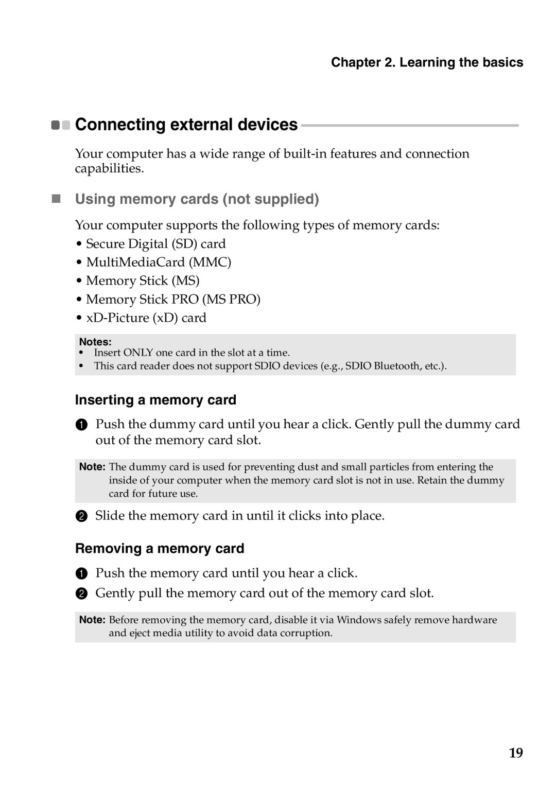 Lenovo Z465, Z565, Z560, Z460 manual „ Using memory cards not supplied, Inserting a memory card, Removing a memory card 