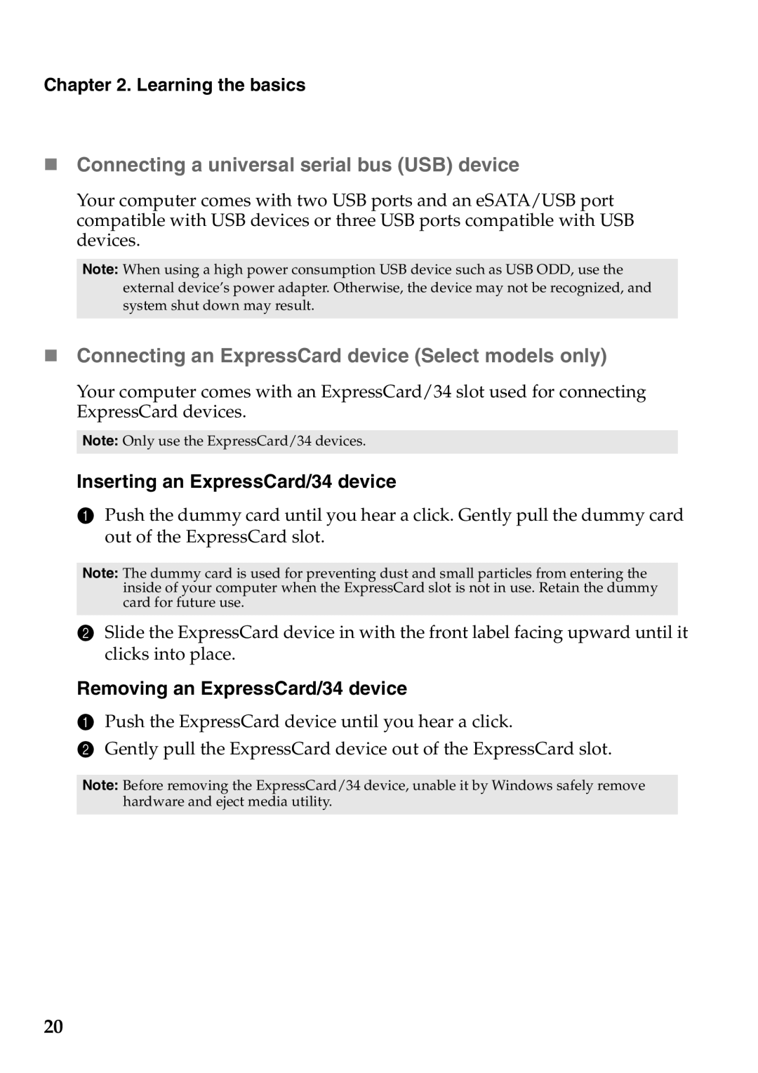 Lenovo Z565, Z560 „ Connecting a universal serial bus USB device, „ Connecting an ExpressCard device Select models only 